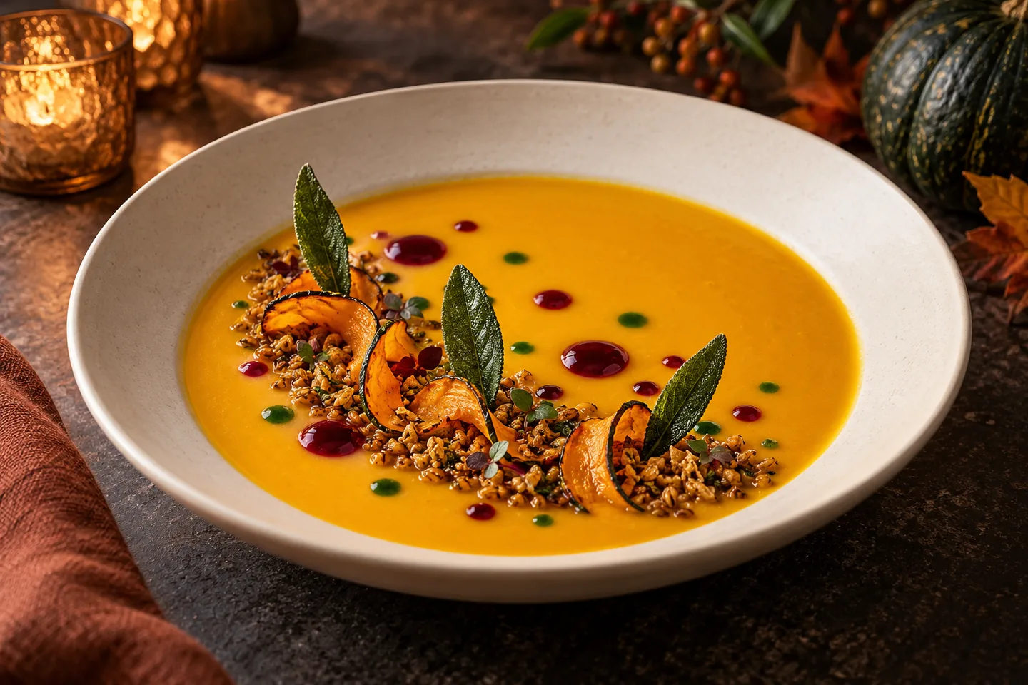 Roasted kabocha velouté with cranberry gastrique, crisp freekeh, sage oil and fried sage in a shallow ivory bowl