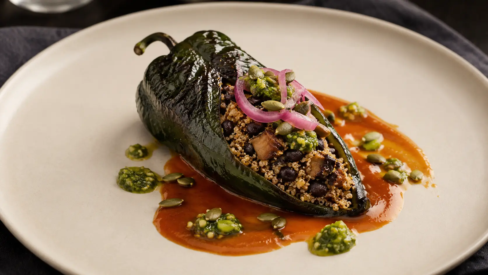 Vegan roasted poblano relleno with quinoa, apricot ancho glaze and pepita salsa verde