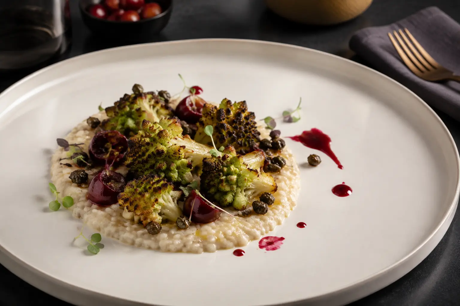 Roasted green romanesco over creamy sunflower risotto with cherry agrodolce and crisp capers on a white plate