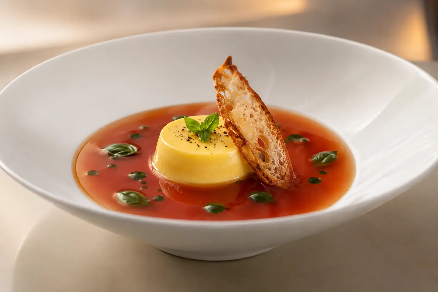 Clear roasted tomato consommé with a golden vegan sweet corn custard, basil oil and sourdough crisp in a white bowl