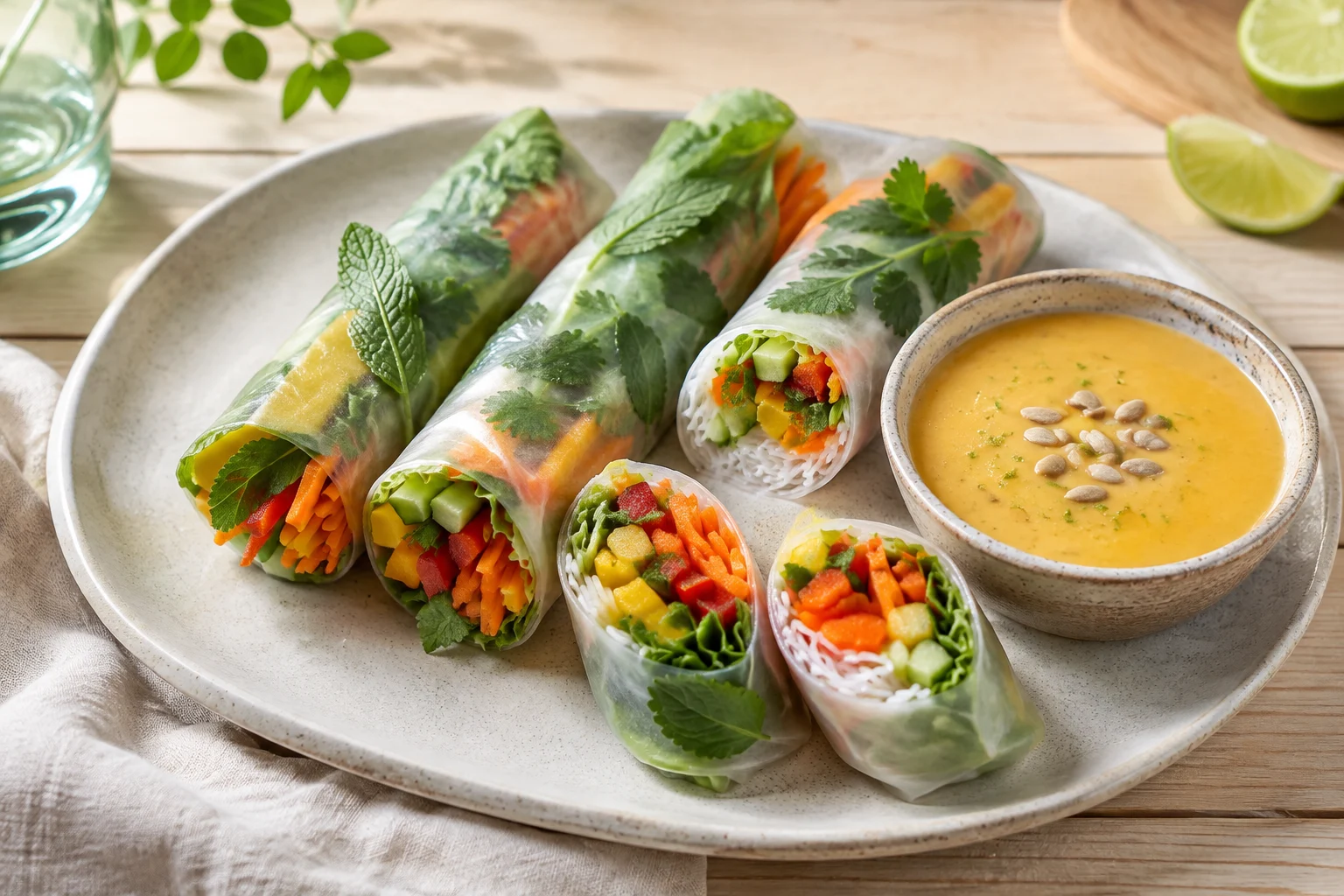 Colourful vegan rice-paper rolls filled with mango, vegetables, rice noodles and herbs beside sunflower-lime dipping sauce