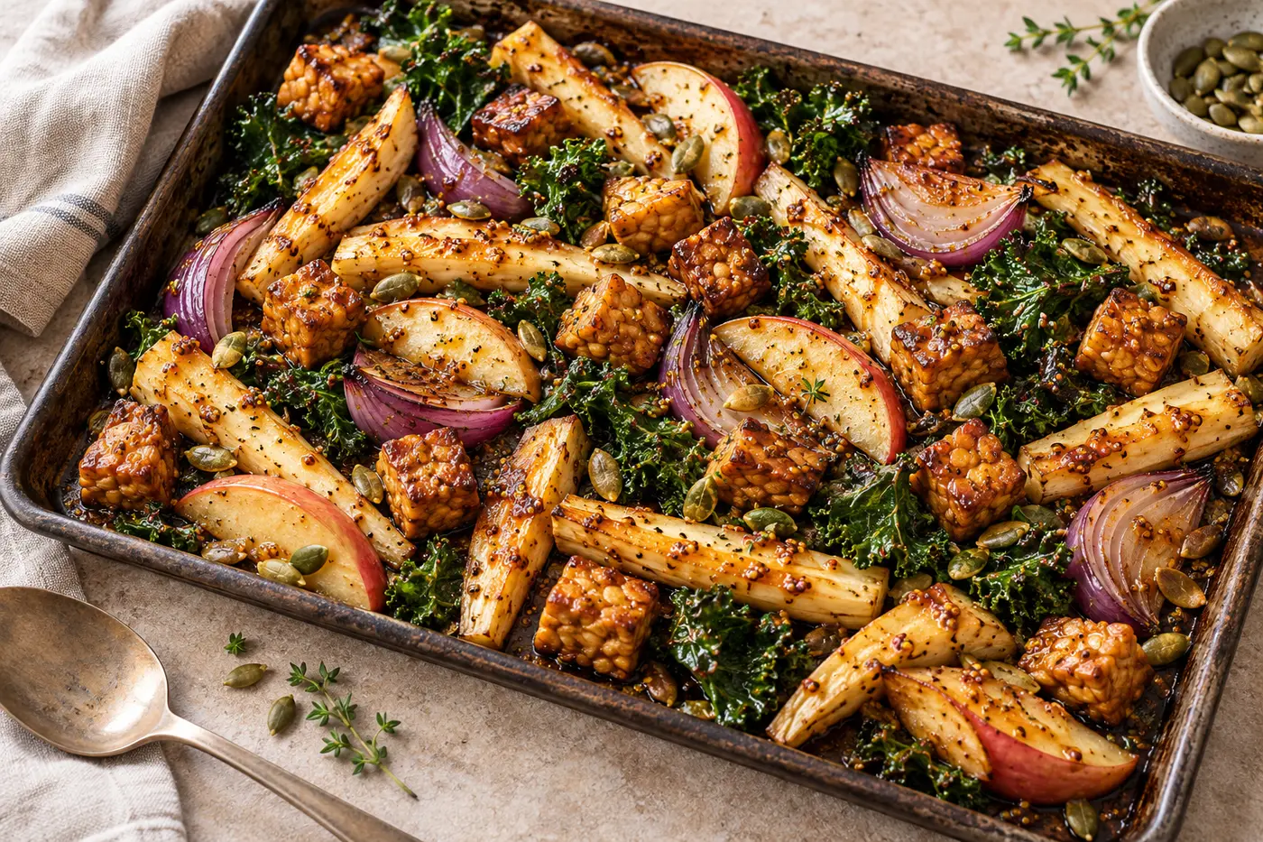 Maple-mustard tempeh and roasted parsnip sheet-pan supper with apple, kale, red onion and pumpkin seeds