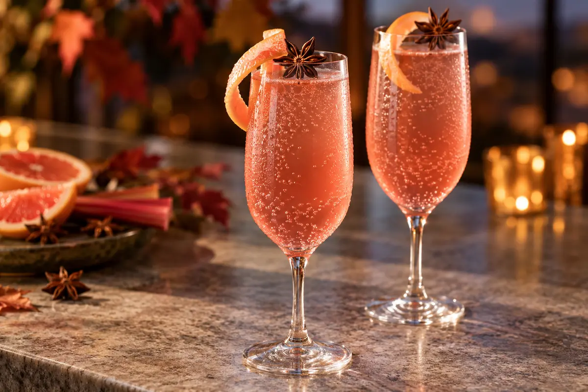 Two rosy rhubarb and star anise sparkling mocktails in chilled tulip glasses with grapefruit twists