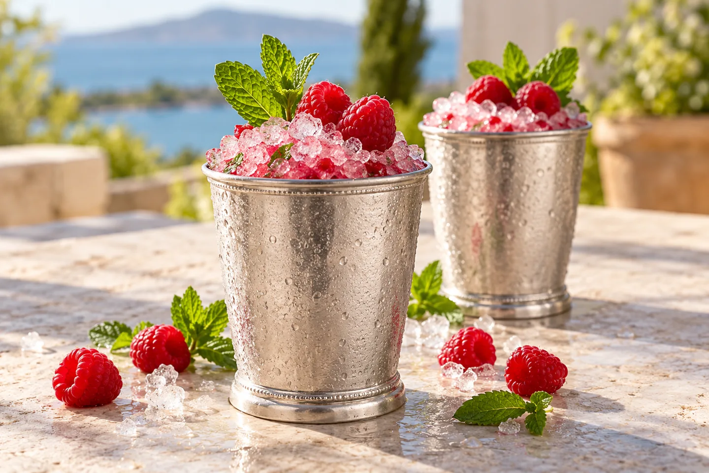 Raspberry-mint alcohol-free cooler in a frosty silver julep cup with ruby-pink crushed ice, two raspberries and a fresh mint sprig.