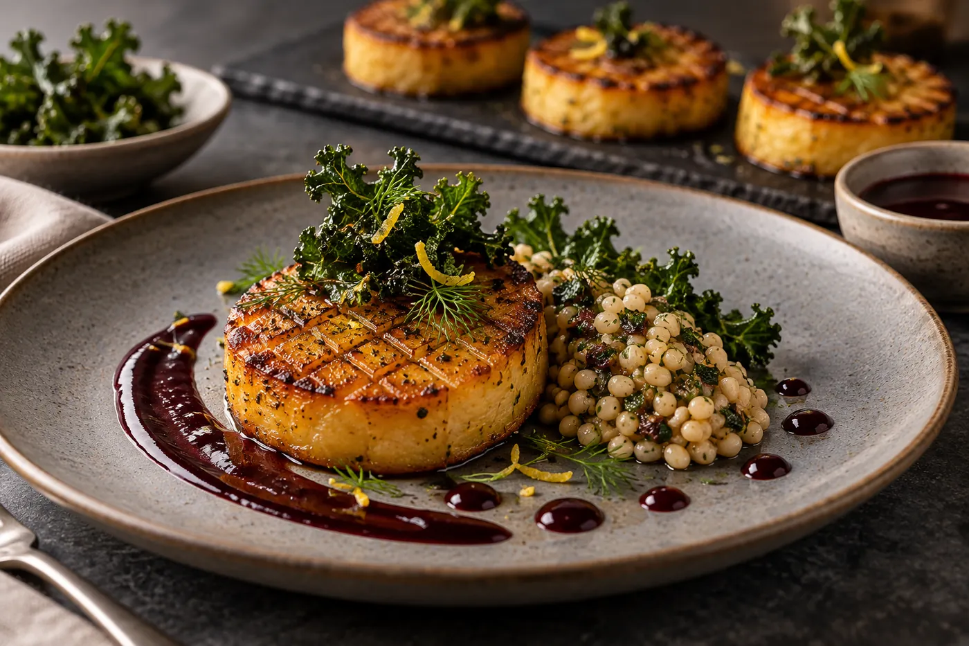 Vegan rutabaga fondant with herbed pearl barley, prune-balsamic jus and crispy kale on a grey stoneware plate