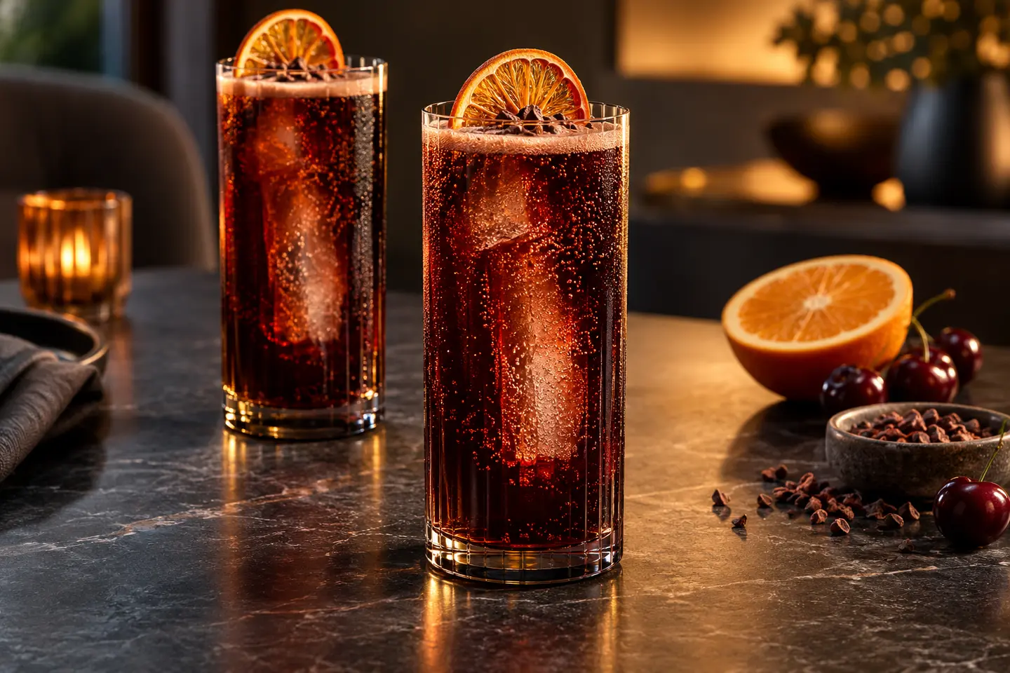 Two Sable Current vegan alcohol-free cold-brew, tart cherry, orange and cacao fizz mocktails in highball glasses with clear ice spears and dried orange garnish