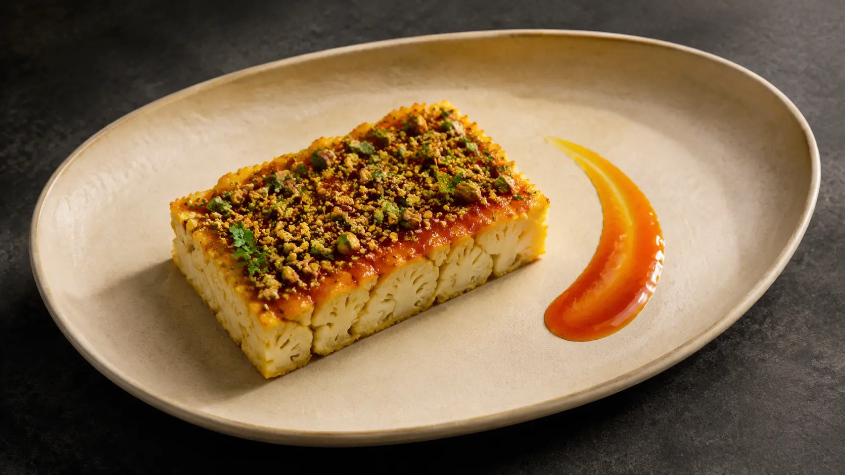 Saffron cauliflower pavé with apricot-harissa lacquer, pistachio dukkah and parsley on a sand-coloured oval plate