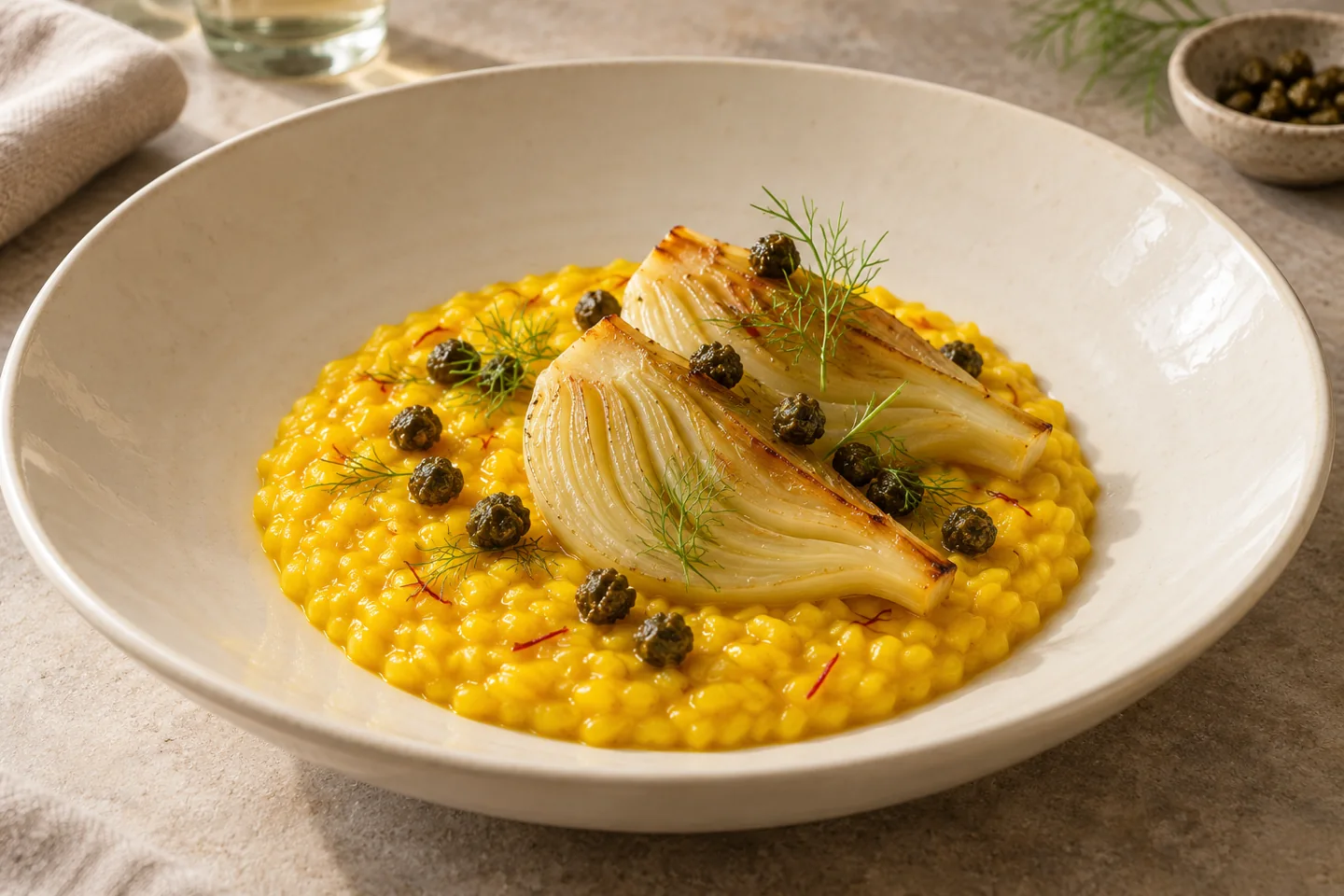Golden saffron-leek risotto in a wide ivory bowl, topped with two braised fennel wedges, crispy capers and delicate fennel fronds.