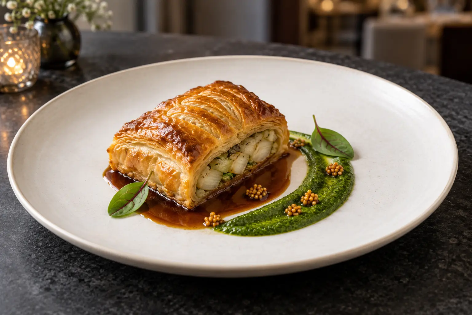 Vegan salsify en croûte plated with vivid sorrel pistou, roasted shallot jus and pickled mustard seeds
