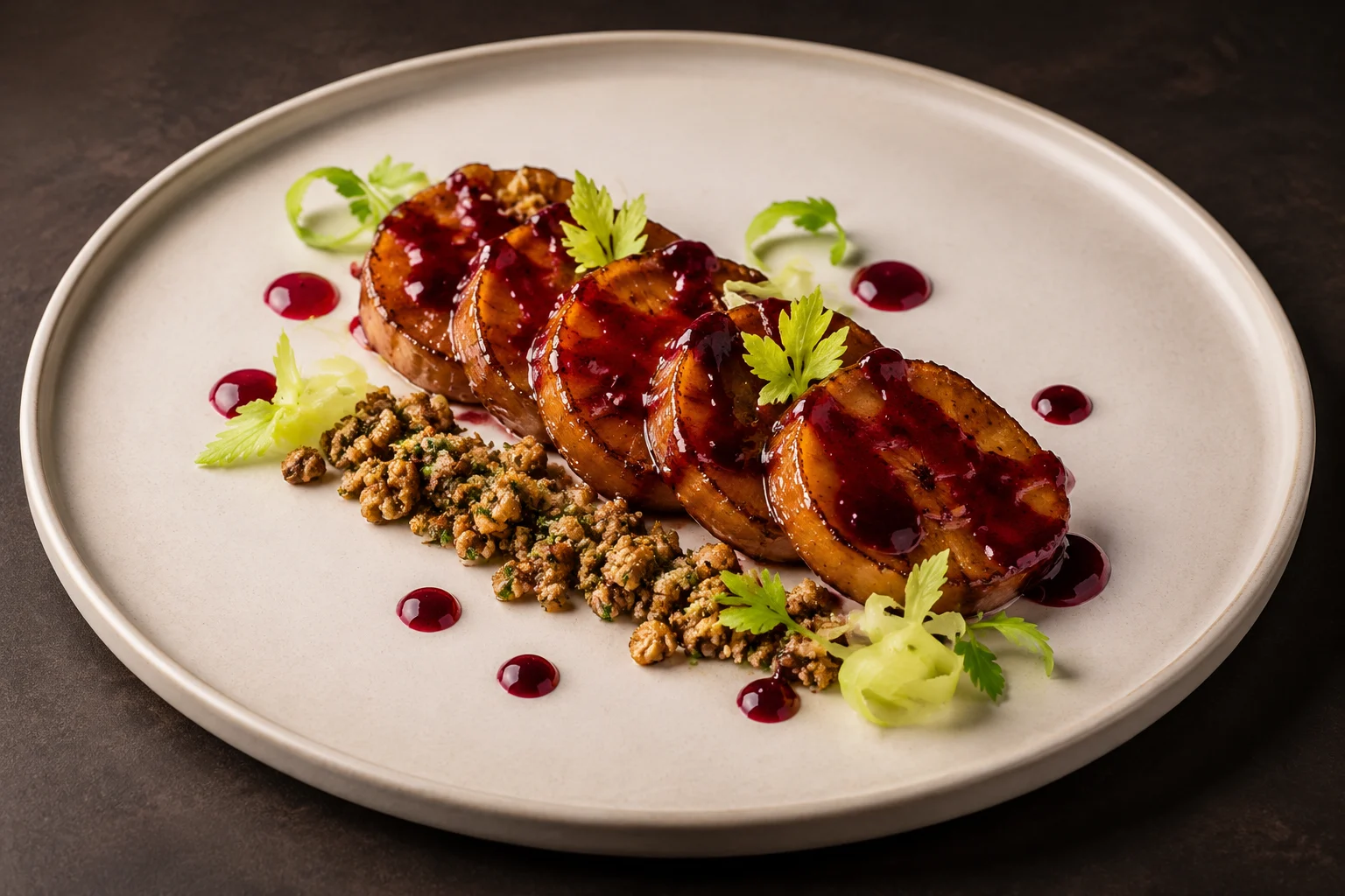Salt-baked celeriac medallions with ruby sour cherry glaze, walnut crumble and pickled celery ribbons on an ivory plate