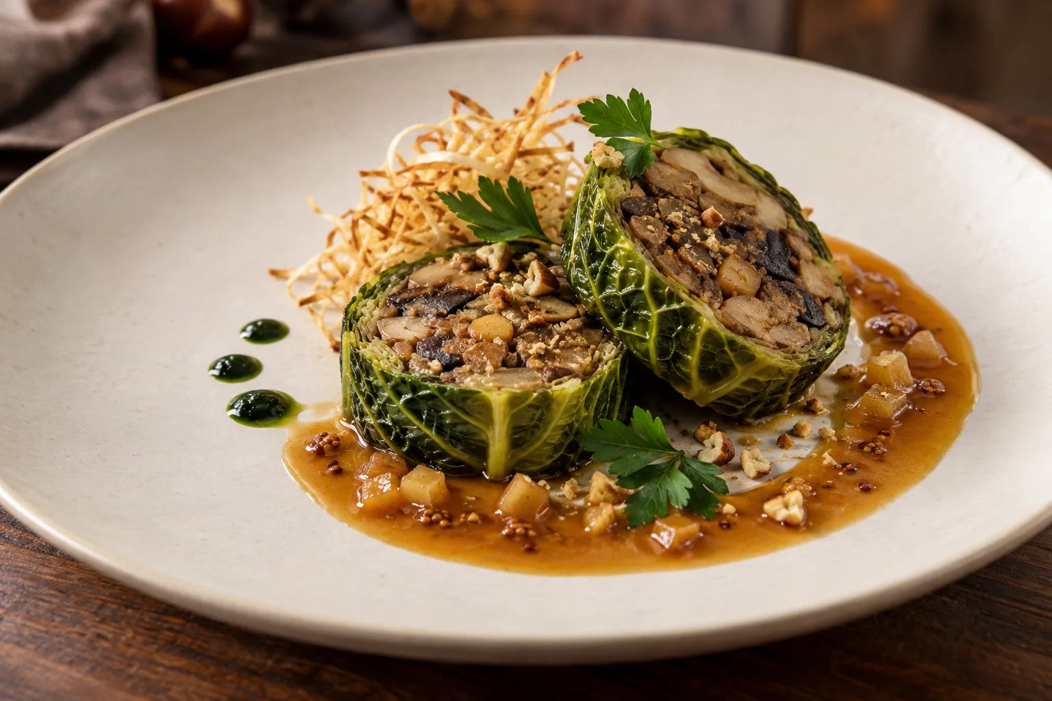 Vegan Savoy cabbage ballotine with chestnut mushroom filling, apple-mustard jus and crisp celeriac on a white plate