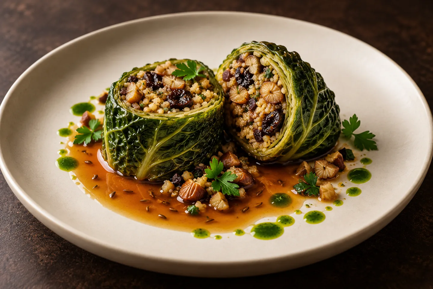 Savoy cabbage roulade filled with millet, chestnut and prune, plated with caraway jus and bright parsley oil