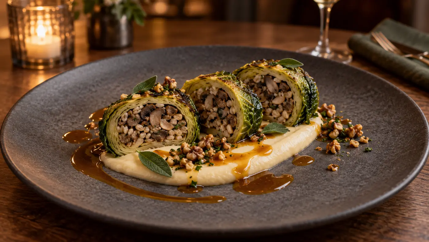 Savoy cabbage roulade filled with mushroom and barley over parsnip purée with cider jus, walnut crumble and sage