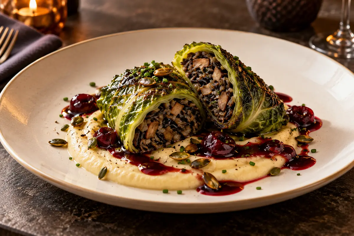 Savoy cabbage roulades filled with porcini wild rice over parsnip purée with sour cherry jus and pumpkin seeds