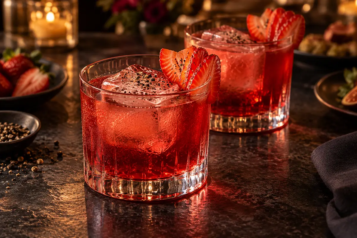 Scarlet strawberry and black-pepper shrub mocktail over a large ice cube with strawberry garnish