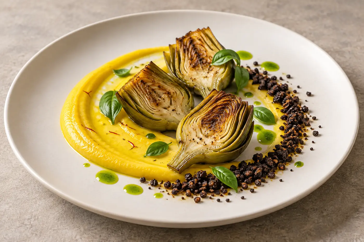 Seared artichoke hearts plated over golden saffron potato emulsion with black olive crumb, basil oil and basil leaves