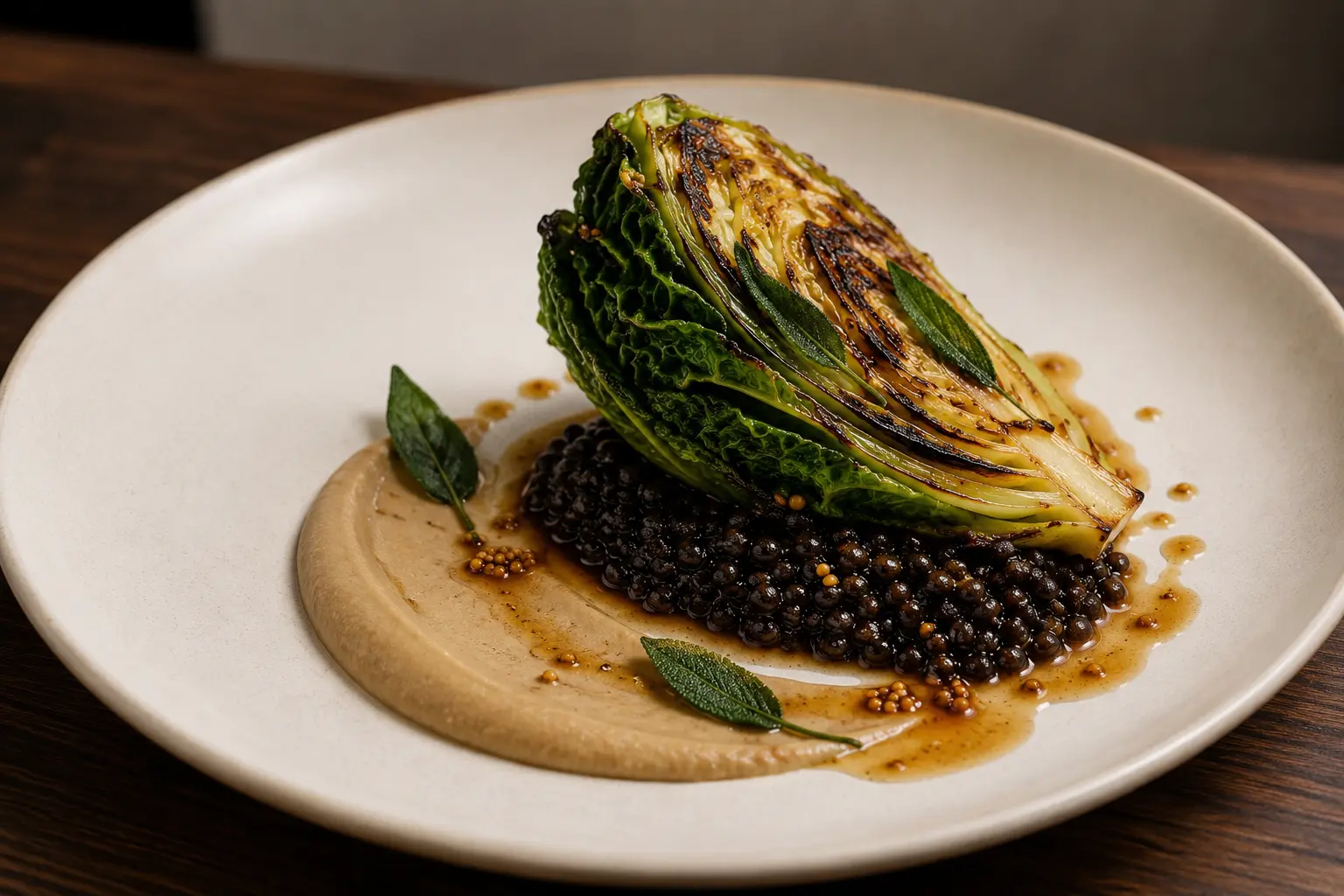 Seared Savoy cabbage wedge with chestnut puree, black beluga lentils, apple cider jus and crisp sage on an ivory plate