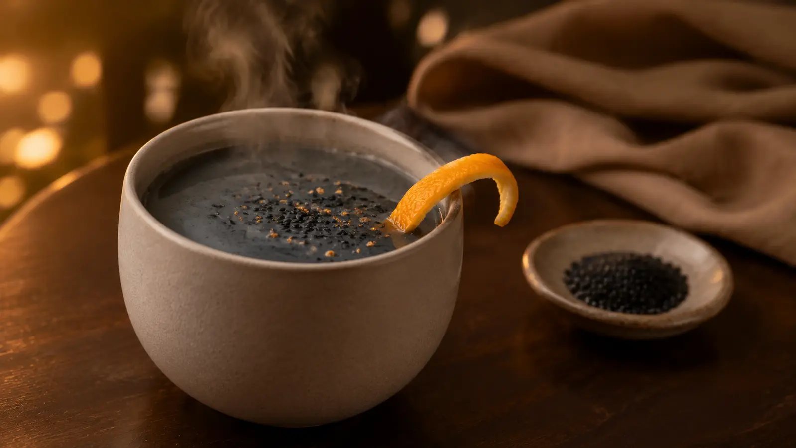 Warm charcoal-grey black sesame oat mocktail with orange peel in a handleless ceramic cup