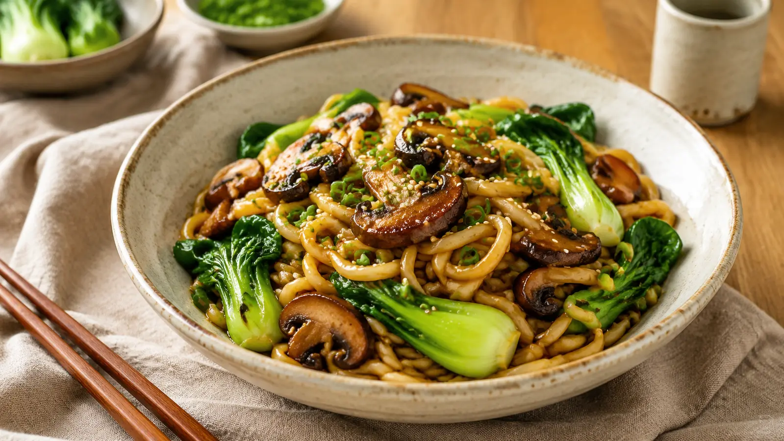 Vegan sesame-ginger udon noodles with browned mushrooms, baby bok choy, green onions and toasted sesame seeds