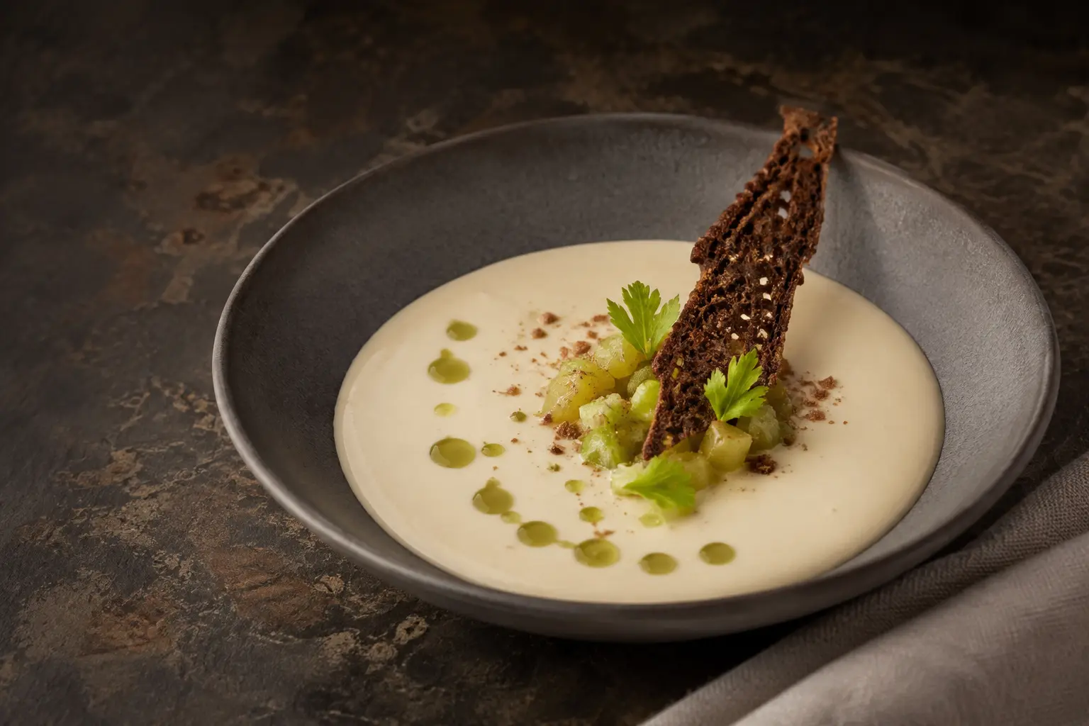 Silken vegan white bean bisque with roasted green grapes, celery leaves, verjus oil and a delicate rye crisp