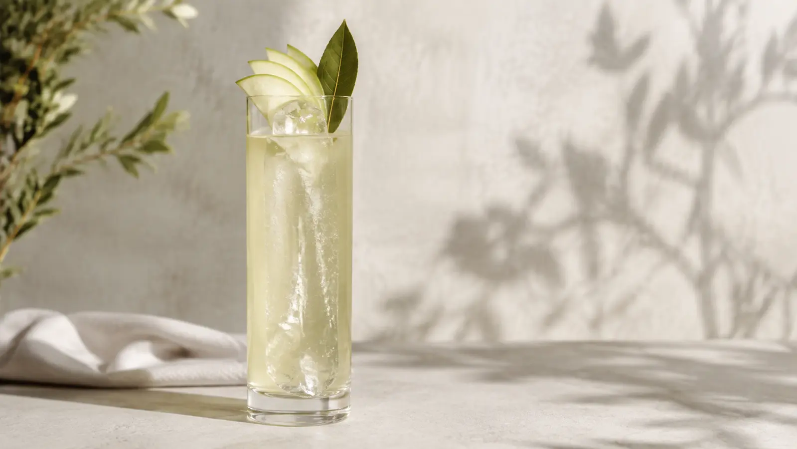 Clear pale green apple and white tea mocktail in a Collins glass with an ice spear, apple fan and bay leaf