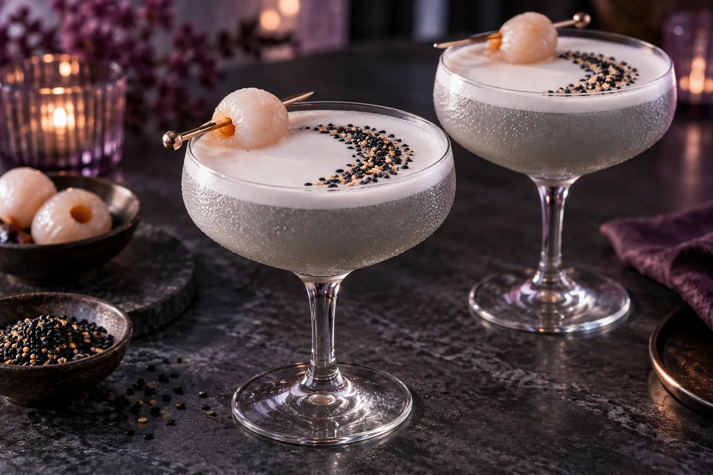 Two pale silver lychee and black sesame cloud sours with foamy tops, toasted sesame crescents and lychee garnishes in chilled coupe glasses