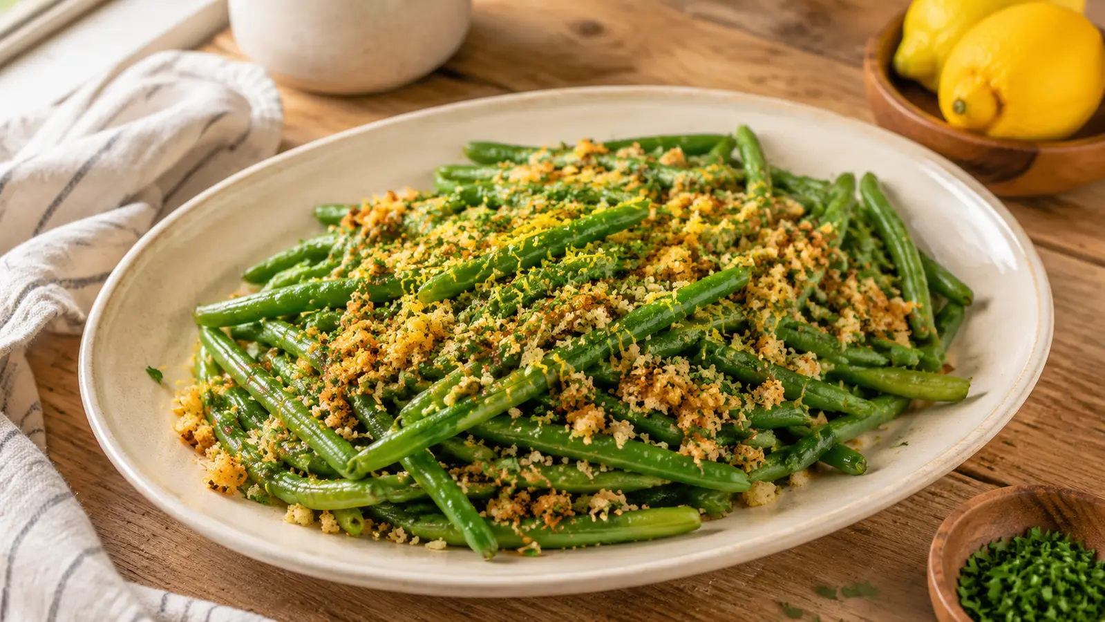 Skillet green beans topped with golden Dijon breadcrumbs, lemon zest and fresh parsley on a cream serving platter