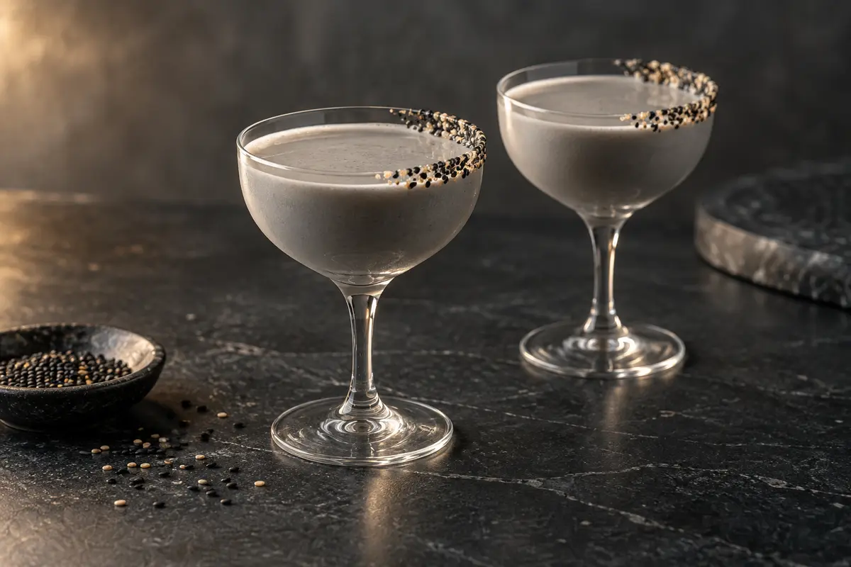Two pearl-grey black sesame and vanilla rice coolers in chilled Nick and Nora glasses with sesame-sugar half-rims
