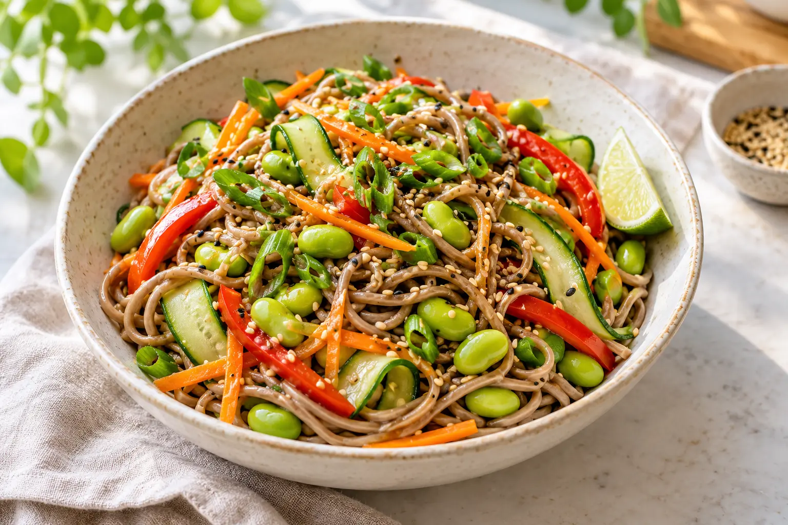 Bowl of vegan sesame-edamame soba noodle salad with cucumber ribbons, carrot, red pepper, green onions and toasted sesame seeds