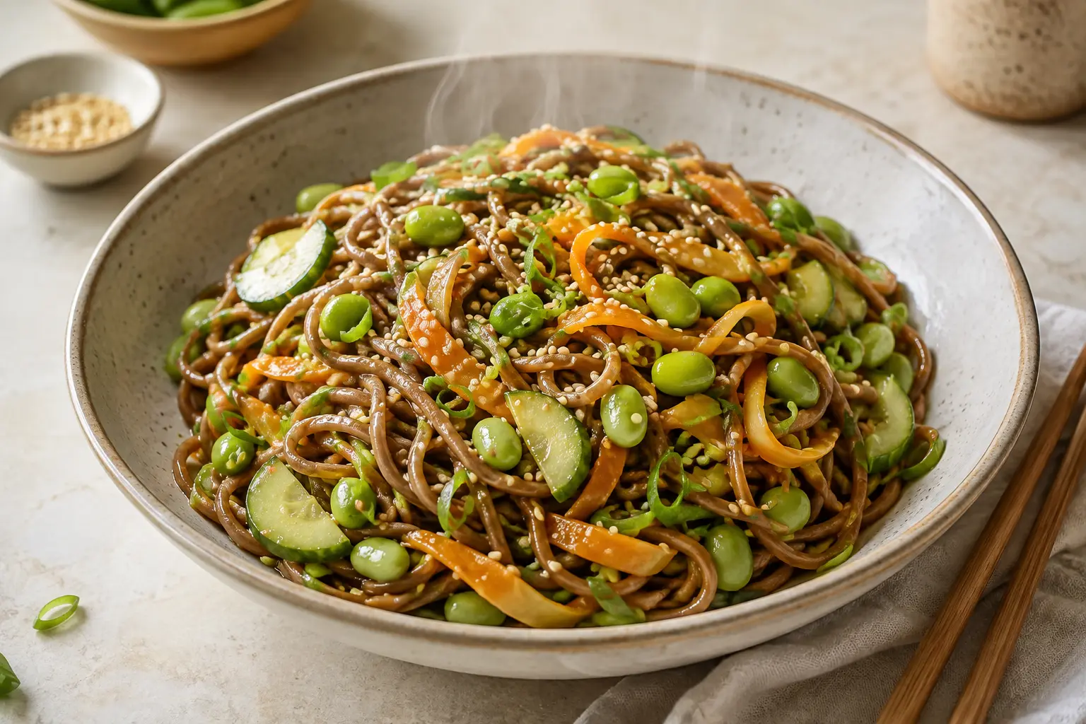 Sesame-ginger soba noodles with edamame, cucumber ribbons, carrot, green onions and toasted sesame seeds in a wide ceramic bowl