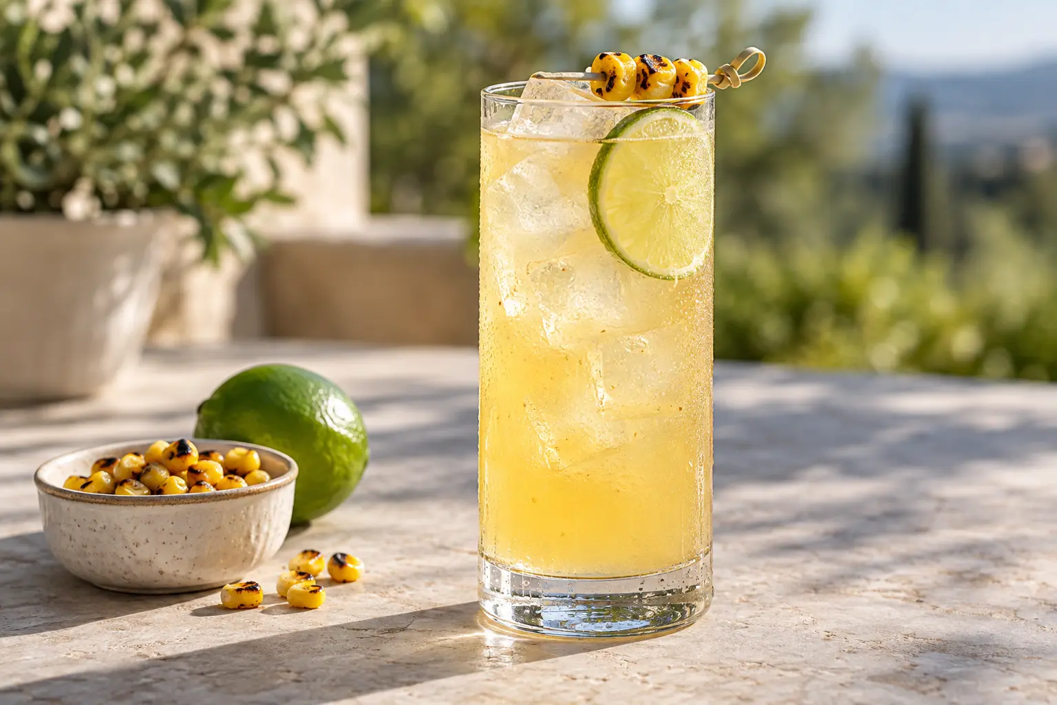 Pale-gold alcohol-free charred sweet corn and lime agua fresca in a tall ice-filled Collins glass with a lime wheel and corn garnish