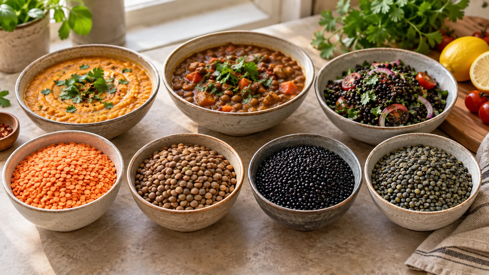 Four bowls of red, brown, black and French green lentils with vegan dal, lentil stew and black lentil salad