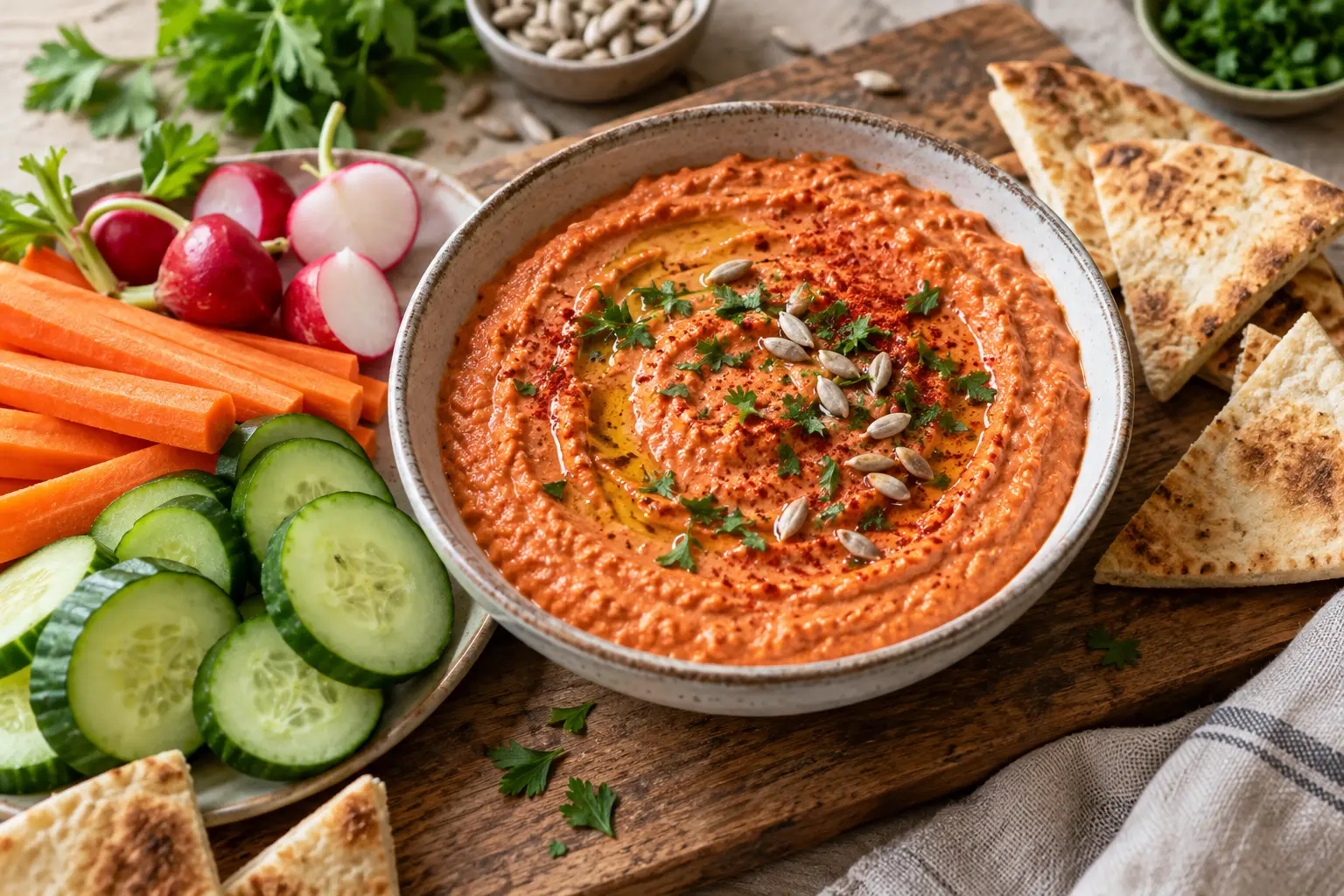 Smoky vegan roasted red pepper sunflower seed dip with vegetables and toasted pita