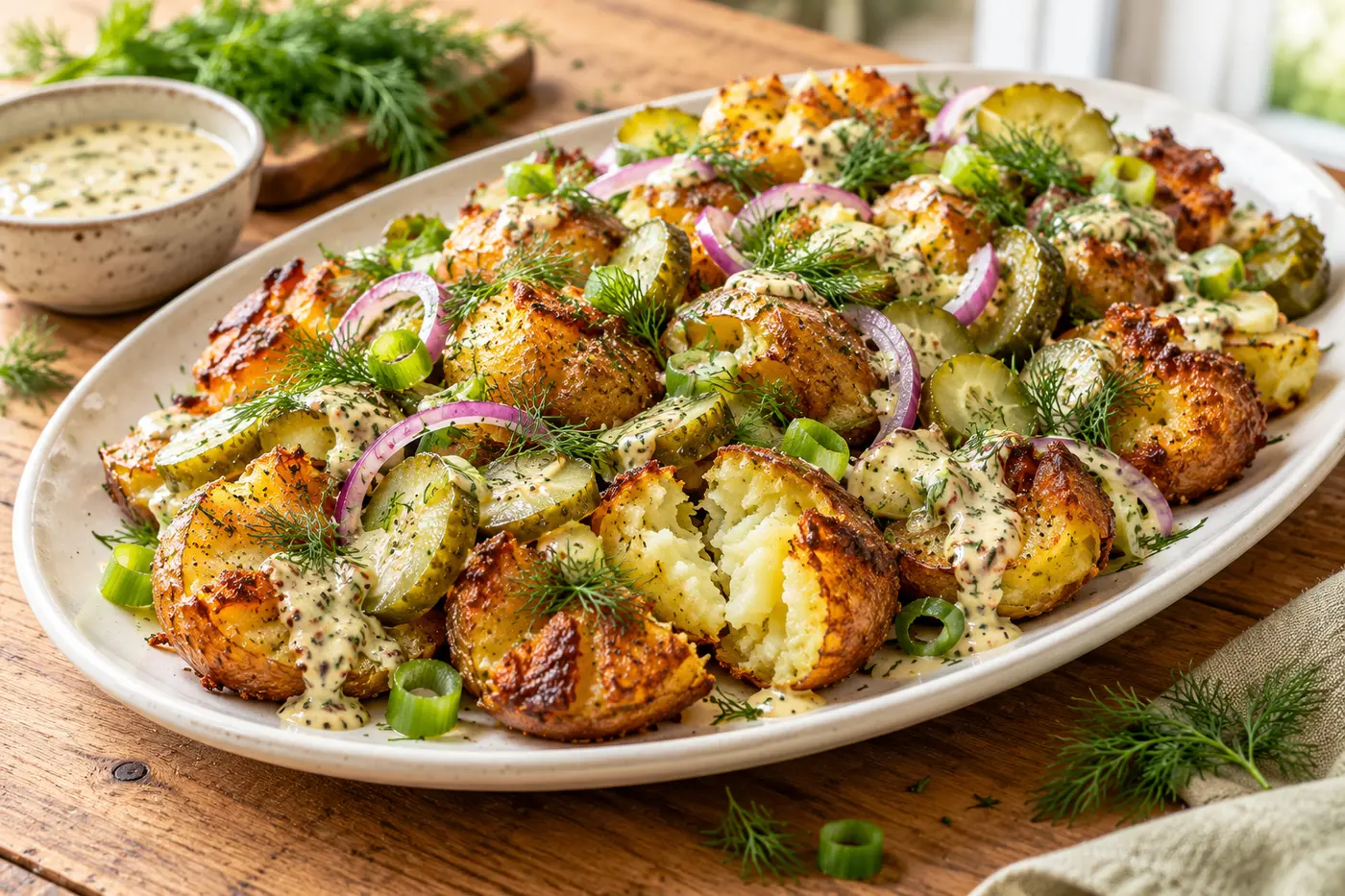 Crispy vegan smashed potato salad with dill pickles, red onion, scallions and creamy lemon-mustard dressing on a ceramic platter