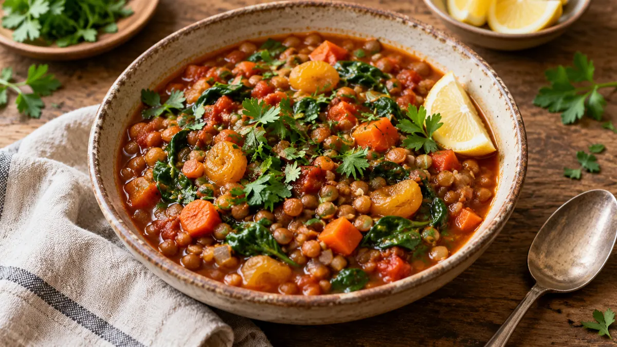 Rustic bowl of smoky vegan lentil and apricot stew with carrots, tomatoes, spinach, parsley and a lemon wedge