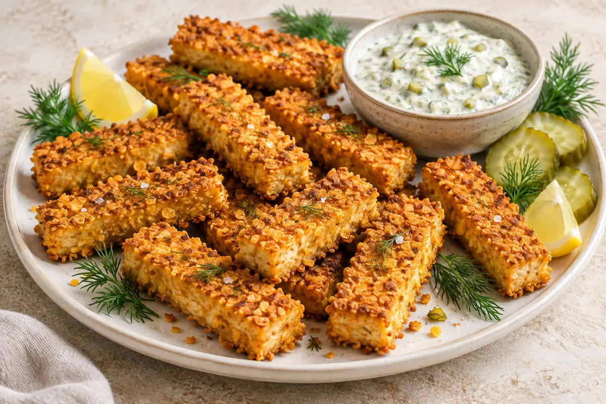 Golden cornflake-crusted tofu fingers served with creamy vegan dill-pickle dip, lemon wedges and fresh dill