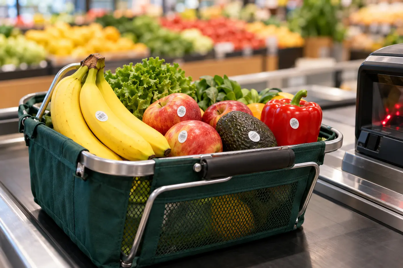 Reusable grocery basket filled with bananas, apples, avocado and bell pepper carrying small produce stickers beside a checkout scanner