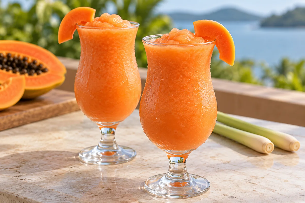 Two curved hurricane glasses of coral-orange papaya-lemongrass frozen mocktail, each garnished with a small papaya crescent.