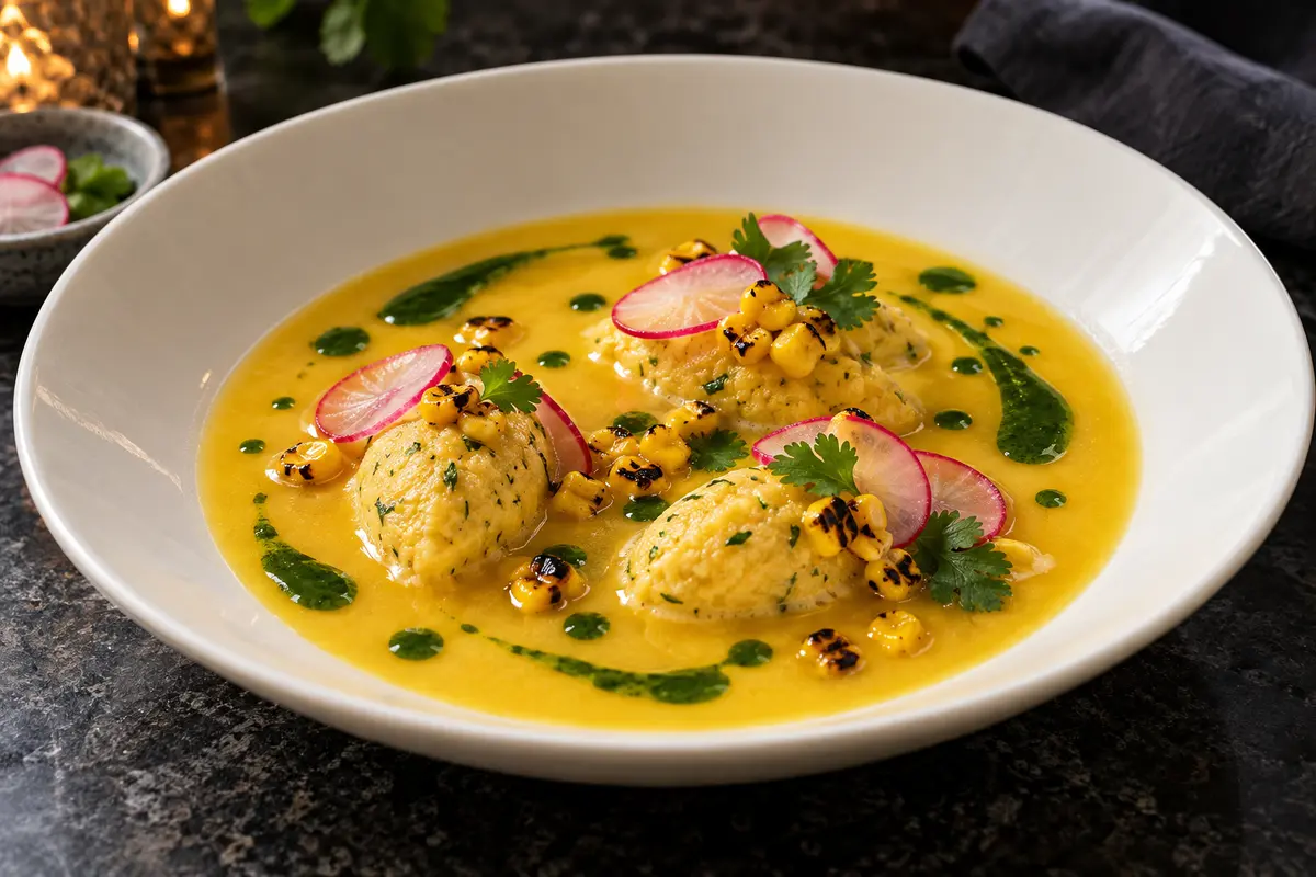 Golden vegan sweet corn broth with three masa dumplings, green poblano oil, lime-pickled radish and charred corn