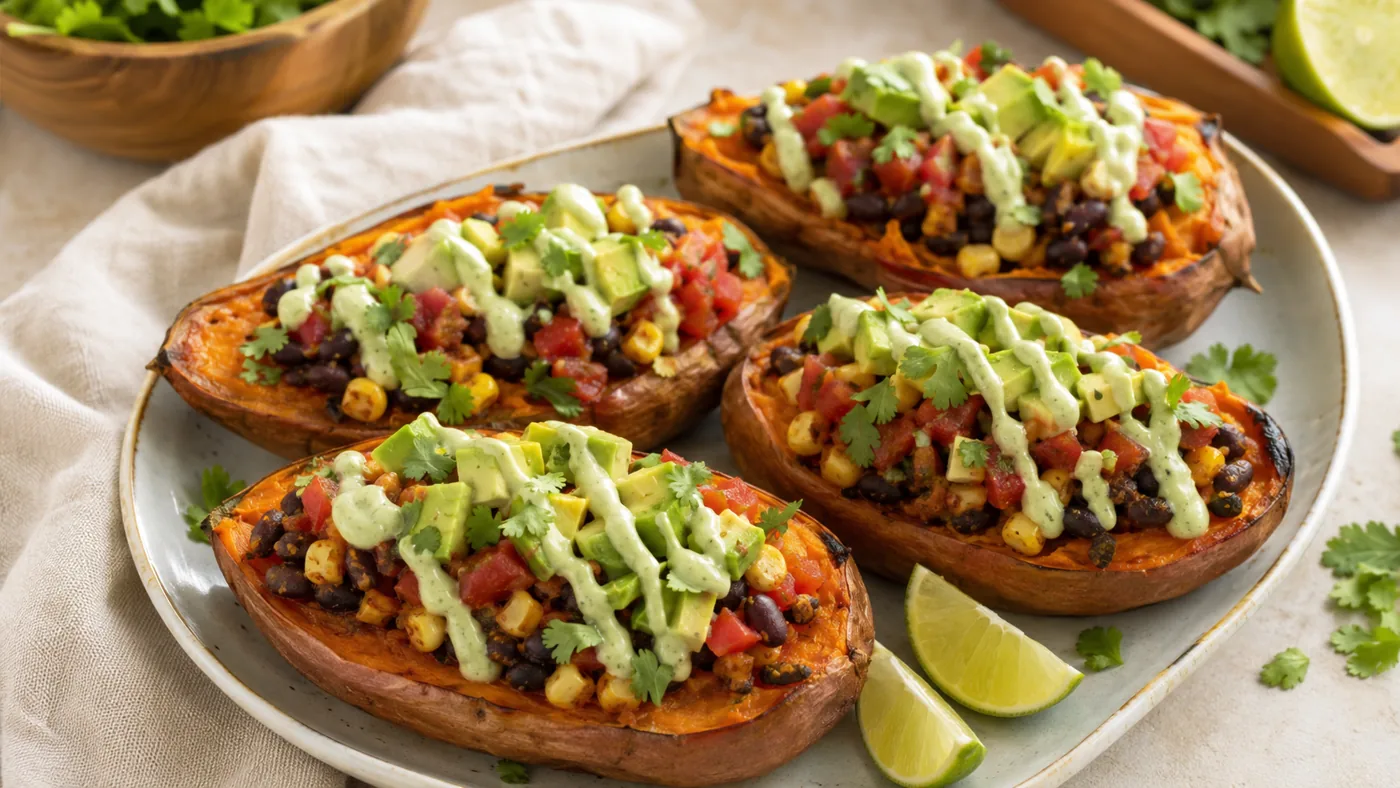 Four roasted sweet potato boats filled with black beans, corn, salsa and avocado, finished with a creamy avocado-lime drizzle and cilantro.