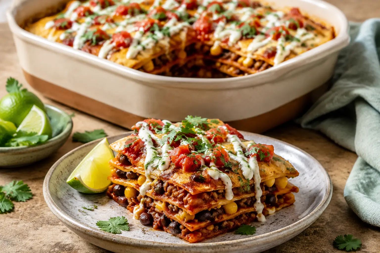 Sliced smoky lentil tortilla casserole with black beans, corn, cashew crema, lime and cilantro
