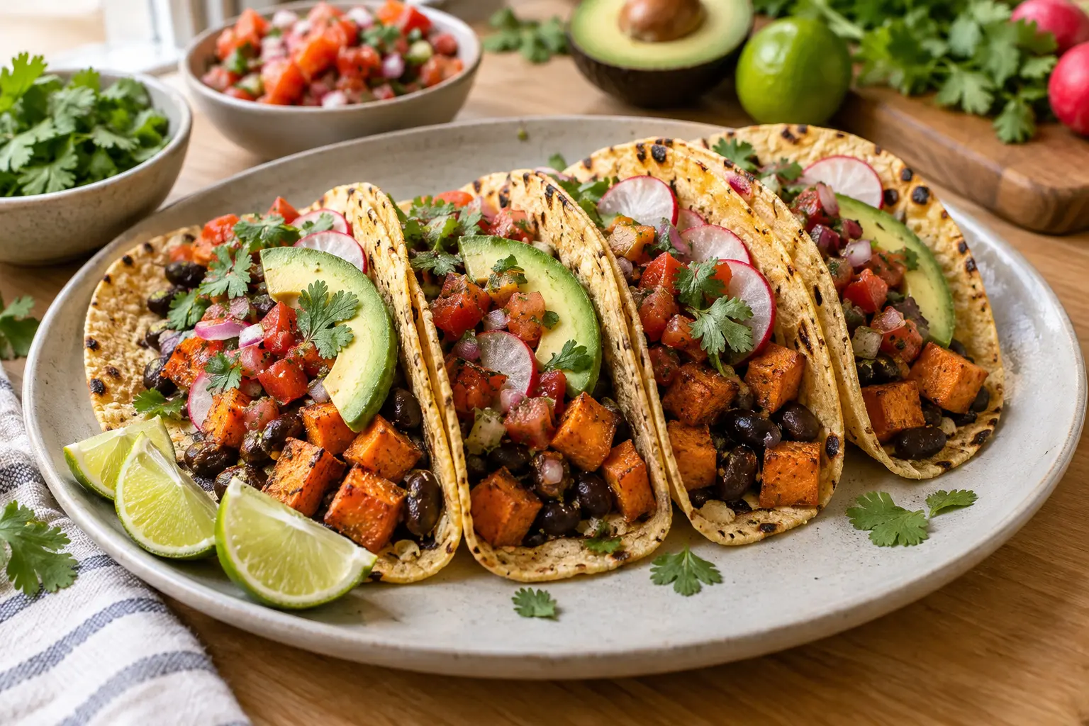 Vegan sweet potato and black bean tacos with avocado, tomato salsa, radishes, cilantro and lime
