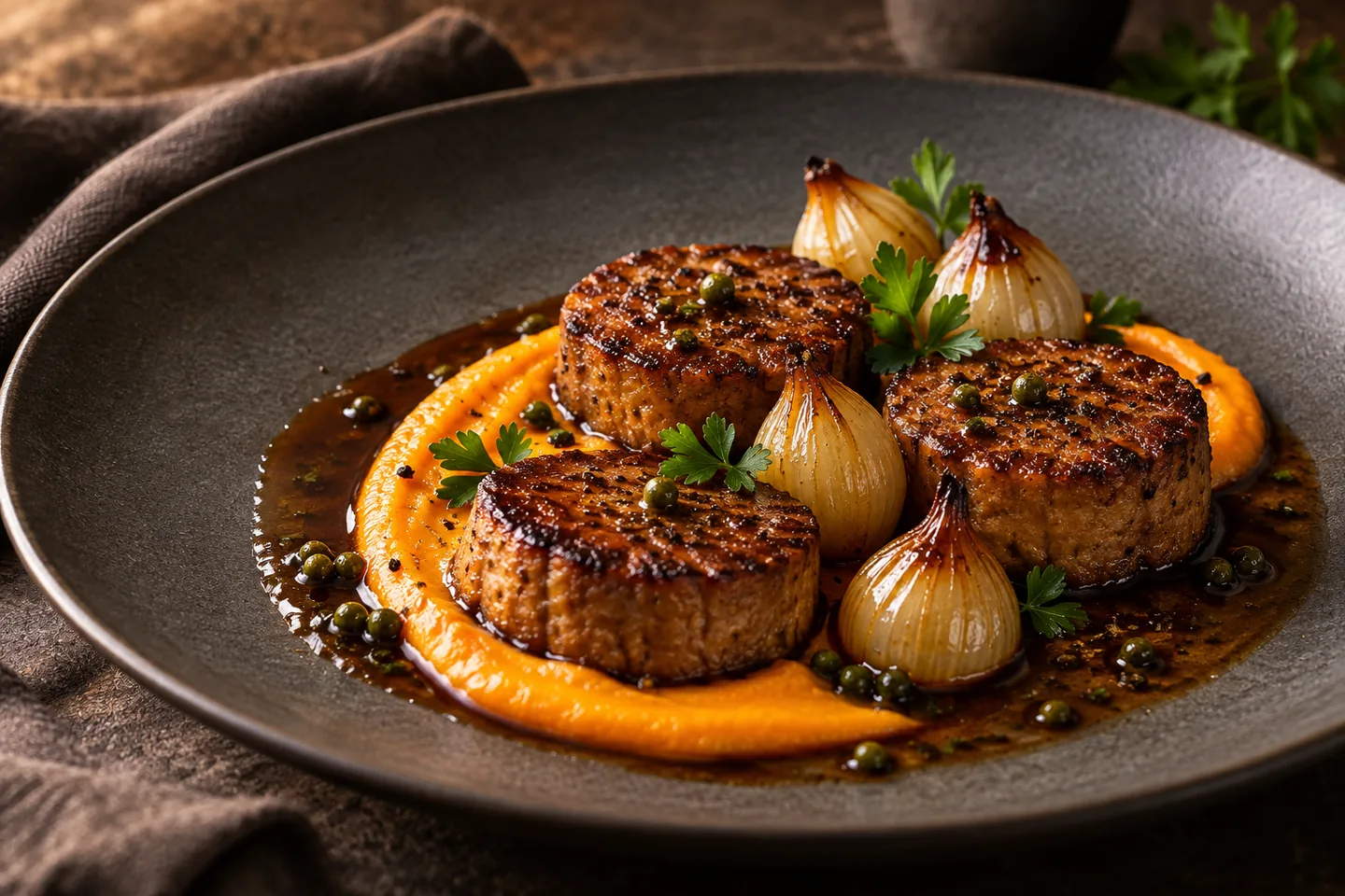 Tea-braised seitan medallions on vivid carrot silk with glazed pearl shallots and green peppercorn jus on a charcoal plate.