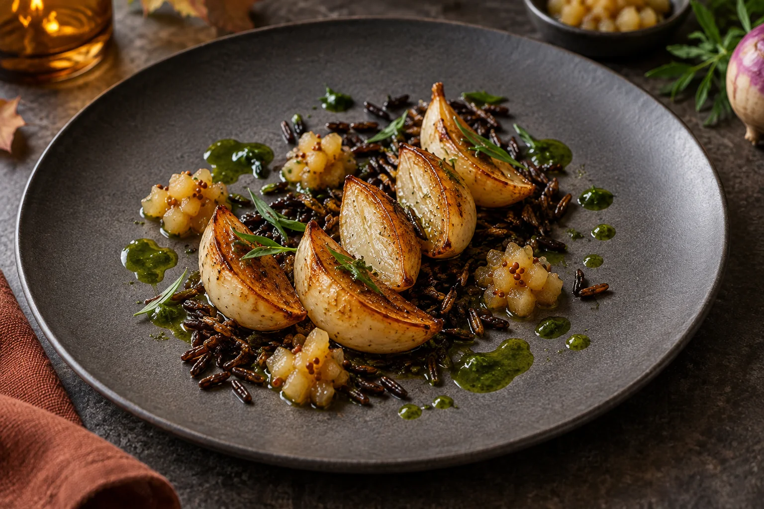 Tea-glazed turnip wedges with apple mostarda, crispy wild rice and green tarragon oil on a charcoal ceramic plate
