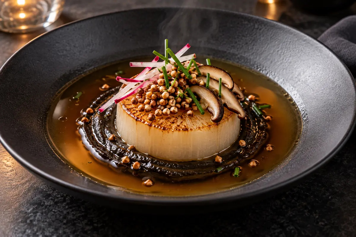 Tea-poached daikon on black garlic puree with shiitake broth, toasted buckwheat, radish and chives in a dark bowl