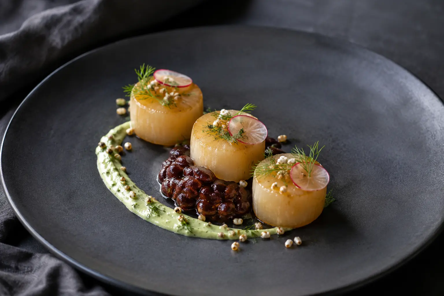 Tea-steamed glazed daikon with adzuki bean ragout, lemon-dill emulsion and puffed wild rice on a charcoal plate