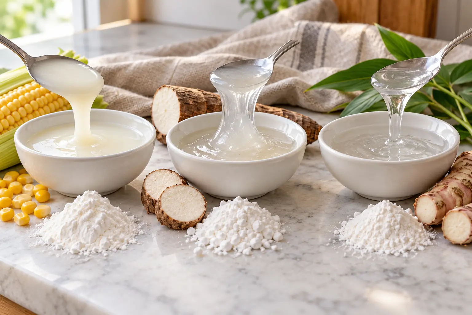 Three bowls comparing opaque cornstarch sauce, glossy tapioca sauce and clear arrowroot sauce beside corn, cassava and arrowroot ingredients