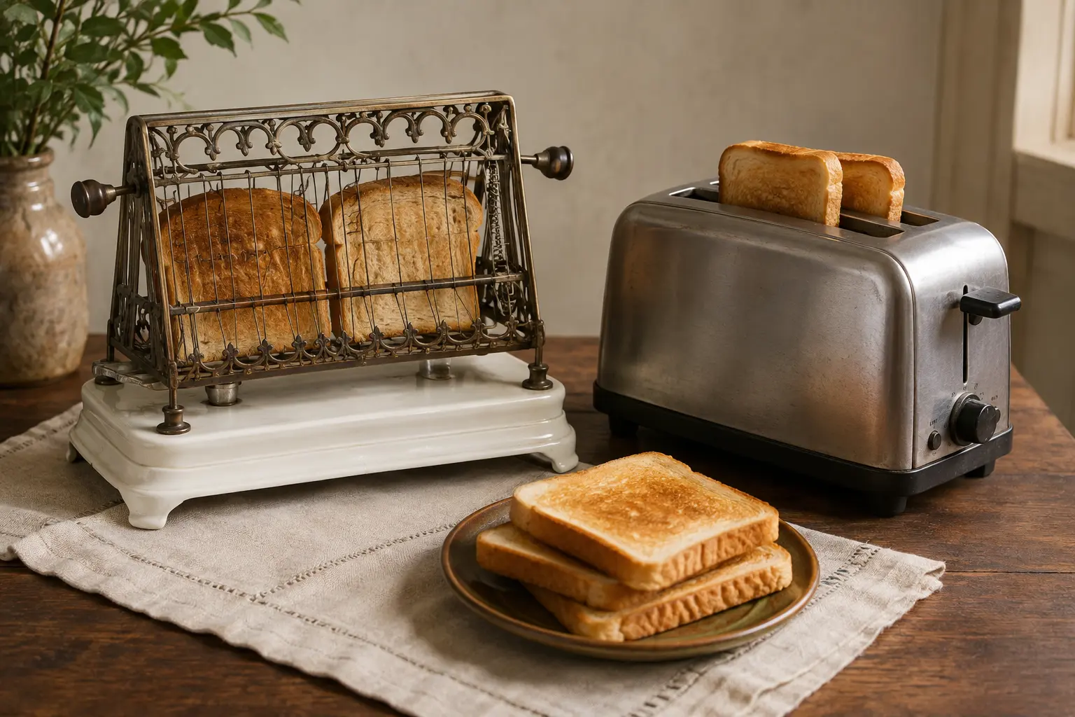 Historically inspired open wire-basket electric toaster beside a simple mid-century pop-up toaster and plain toast on a breakfast table
