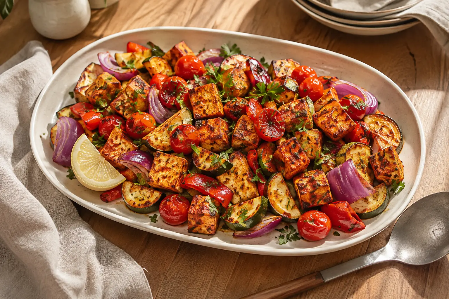 Sheet-pan harissa tofu with roasted zucchini, red pepper, red onion and cherry tomatoes on a serving platter
