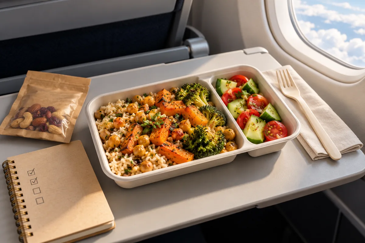 Illustrative vegan airline meal of rice, chickpeas and vegetables on an aircraft tray beside a travel notebook and a sealed snack pouch.